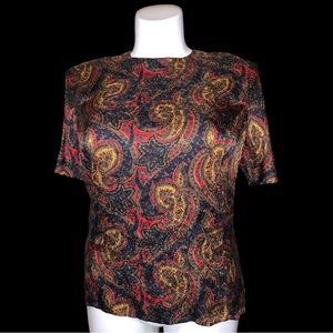 Blassport by Bill Blass Silk Paisley Blouse Size 16 Black Red Gold Vintage